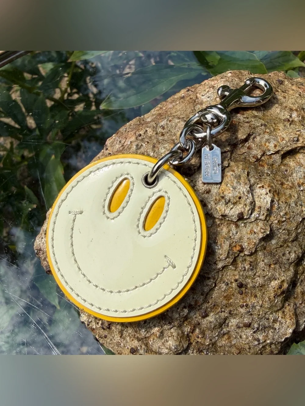 Vintage Coach Smiley Face Yellow & White Patent Leather Bag Charm Keychain